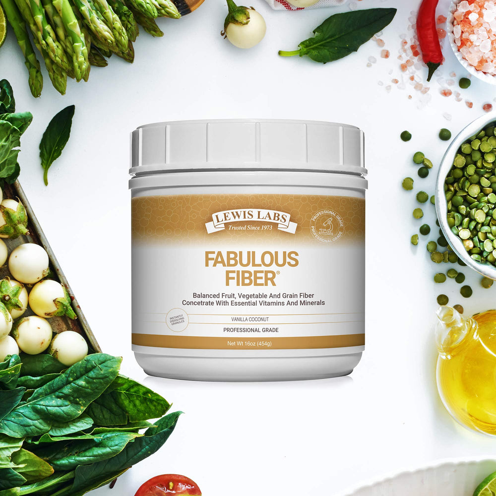 Lewis Labs Fabulous Fiber nutrition panel points to diverse fiber sources from fruits, vegetables, and grains.