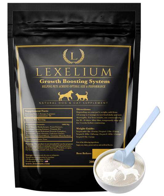 Lexelium weight gainer bottle pour supports steady growth potential for pets.