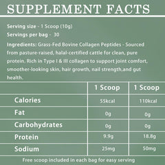 Lexenic Halal collagen powder ingredients label showing grass-fed, non-GMO hydrolyzed collagen