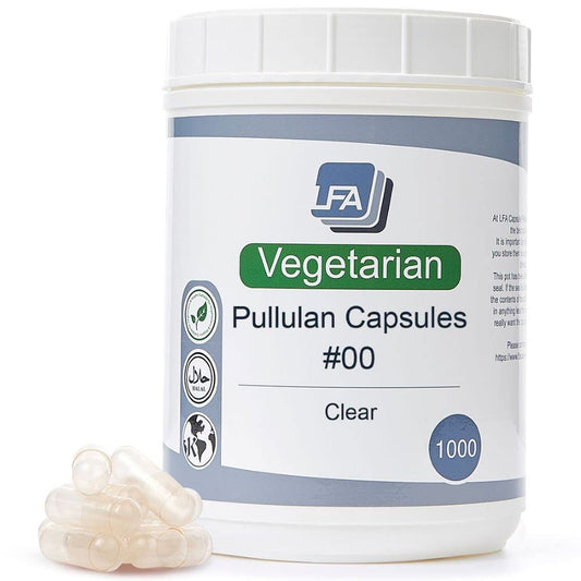 LFA Empty 00 capsules packaging with vegan pullulan shells for easy storage and use.