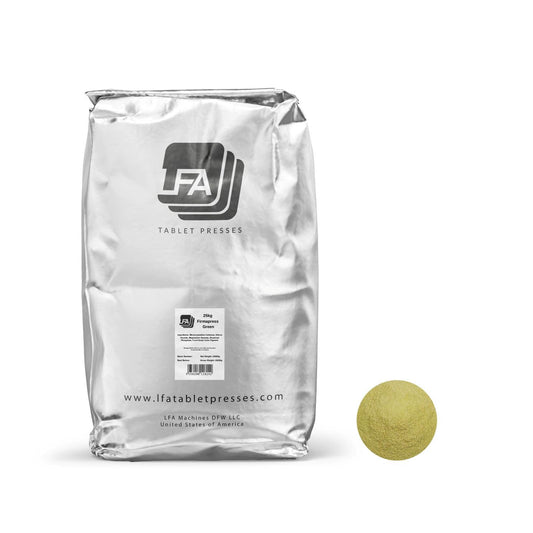 LFA Firmapress green 25kg tub ready-to-use binder for tablet production.