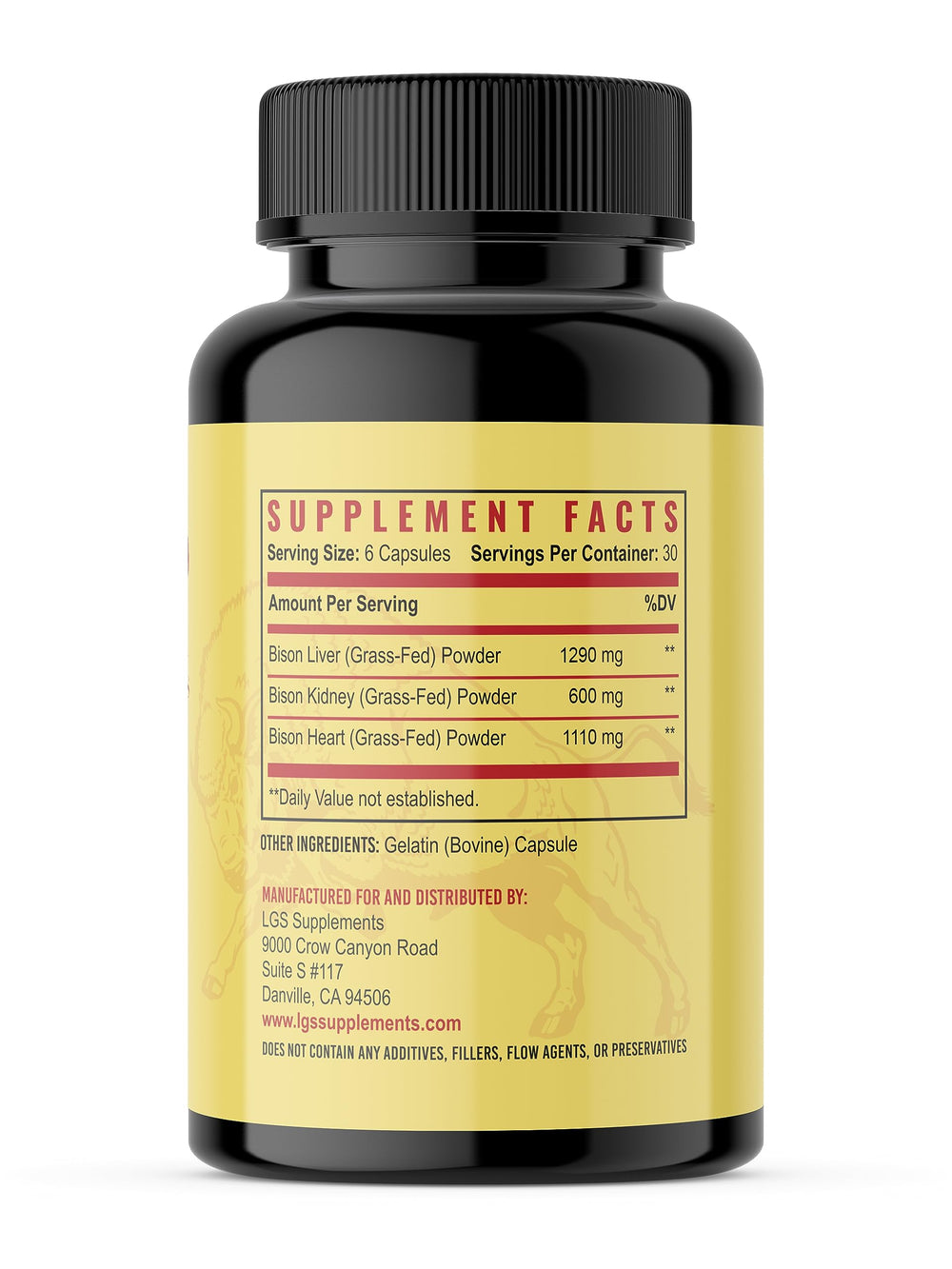 LGS Supplements Grass-Fed Bison Organ bottle-back shows dosage and usage details