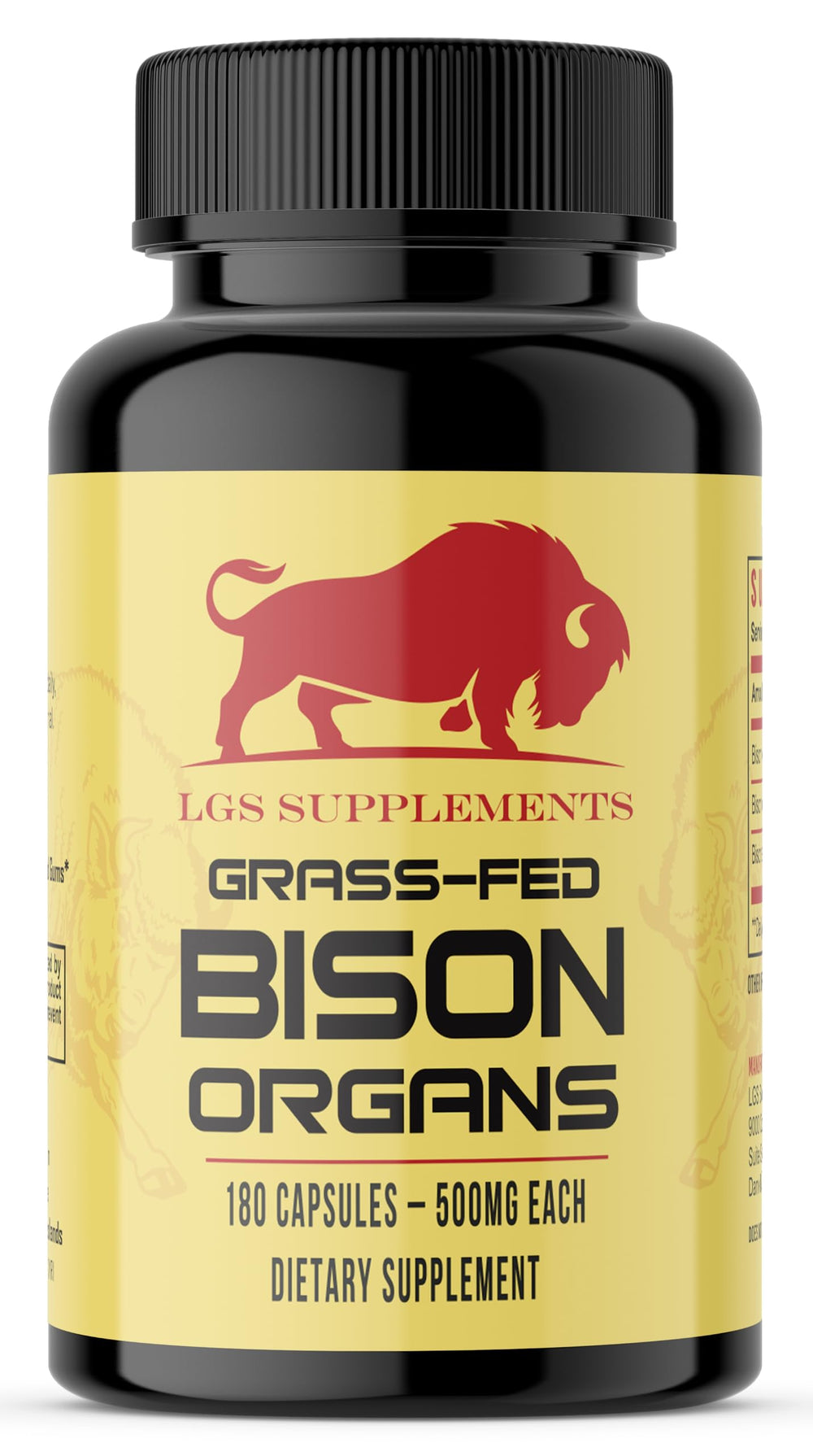 LGS Supplements Grass-Fed Bison Organ bottle-front, premium packaging for daily wellness