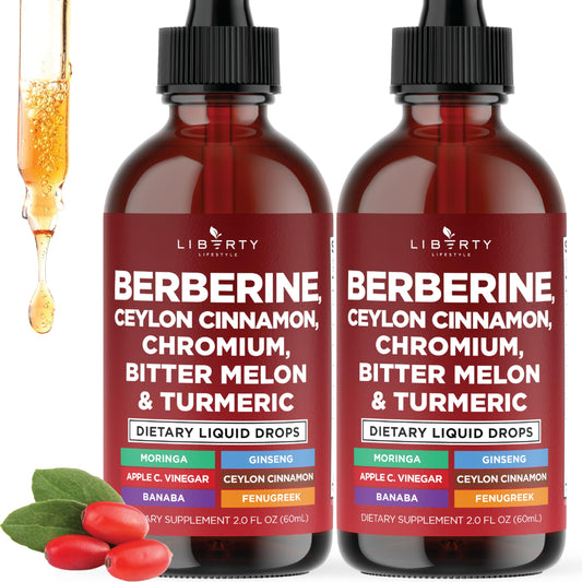 Liberty Lifestyle berberine-cinnamon liquid drops bottle close-up showing daily wellness support.