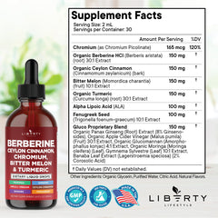 Liberty Lifestyle berberine-cinnamon liquid drops label close-up highlighting a natural ingredient blend for daily use.