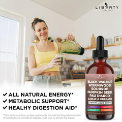 Liberty Lifestyle Defend black walnut bottle with garlic oil label for immune-support blend.