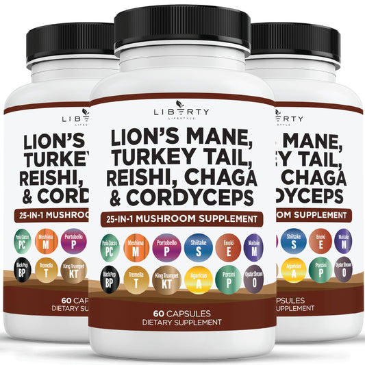 Liberty Lifestyle Lions Mane bottle label highlighting a premium mushroom blend for daily wellness.