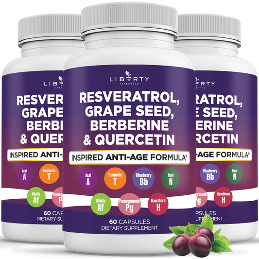 Liberty Lifestyle bottle showing resveratrol, berberine, and grape seed for daily vitality