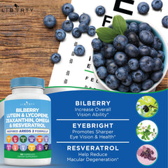 Liberty Lifestyle resveratrol grape seed capsules highlight antioxidant-rich eye health formula.