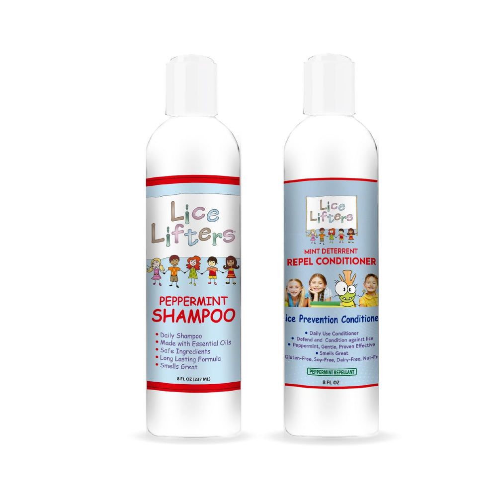 Lice Lifters prevention shampoo bottle front with peppermint for scalp refreshment.