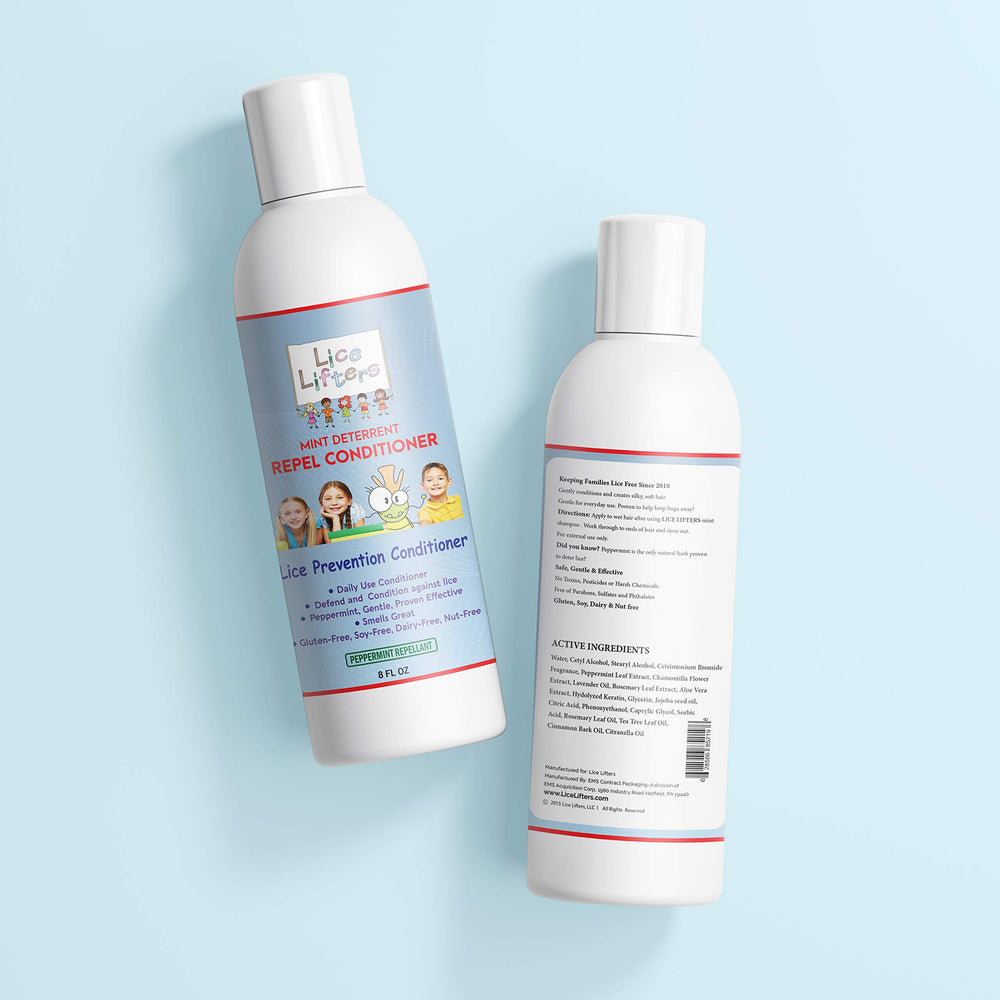 Lice Lifters shampoo and conditioner closeup showing texture and branding.