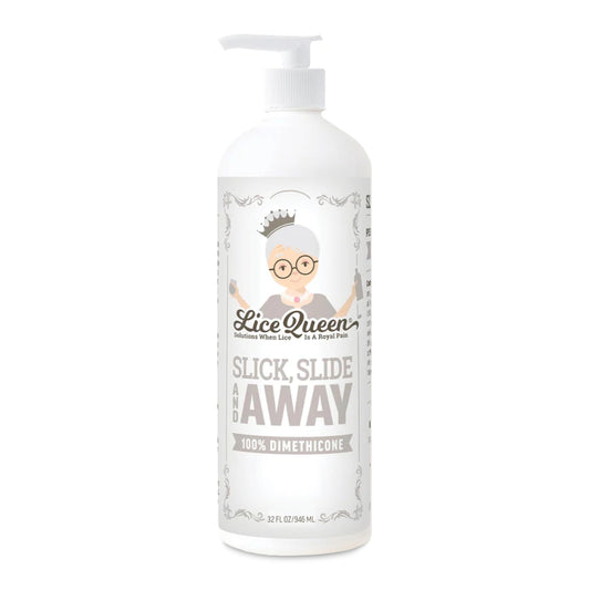 Lice Queen Slick, Slide & Away bottle close-up showing easy pour for quick application.