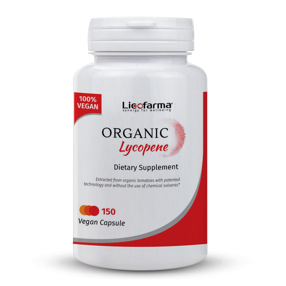 Licofarma Organic Lycopene bottle with 150 vegetarian capsules for daily antioxidant support.