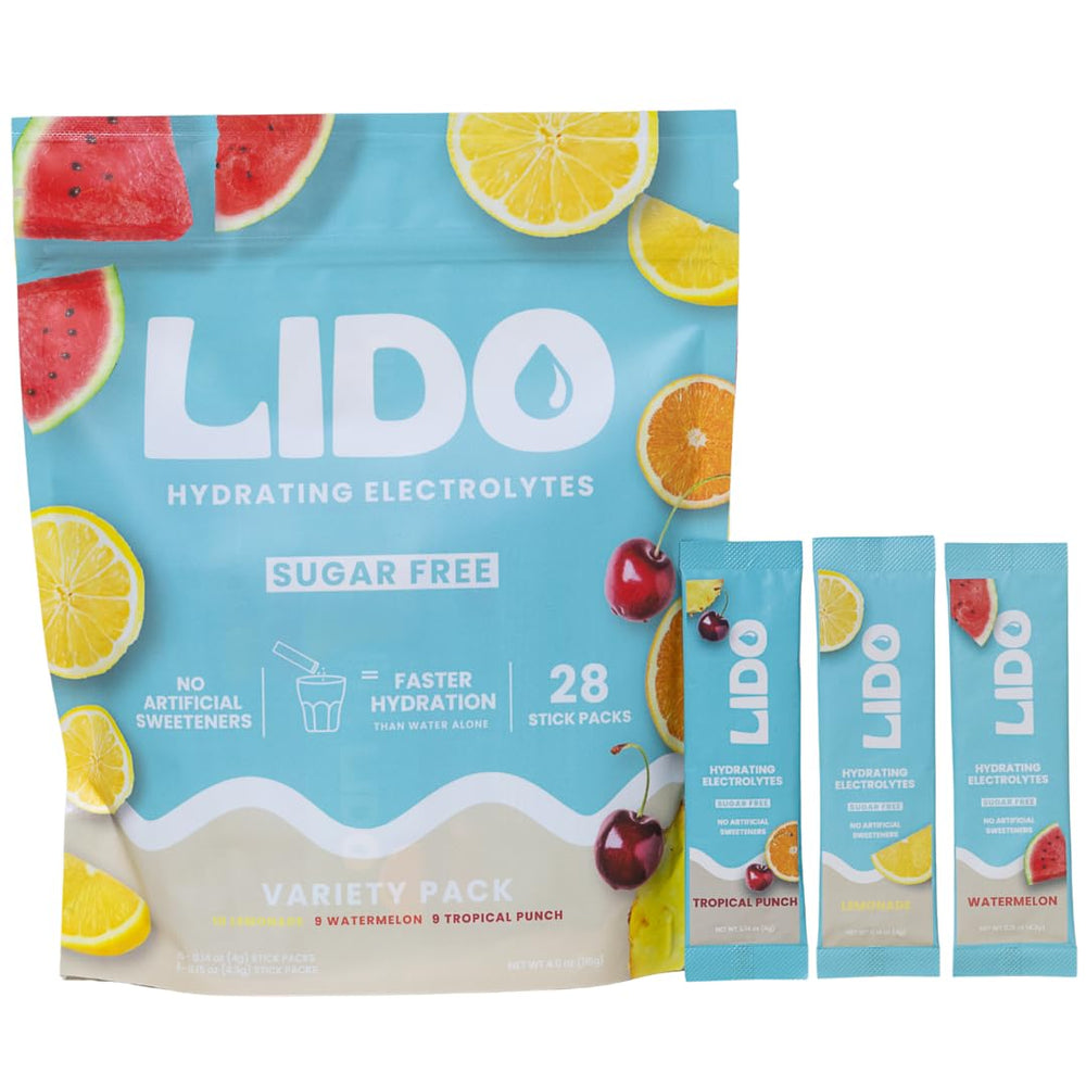 LIDO electrolyte packets close-up showing clean ingredients for daily hydration