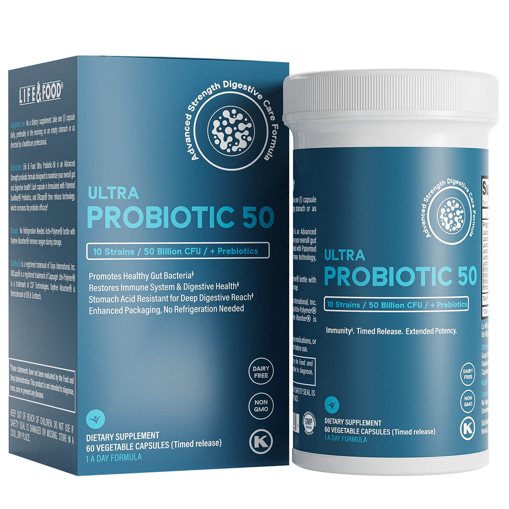 Life & Food Ultra Probiotic 50B bottle label showing potency and freshness