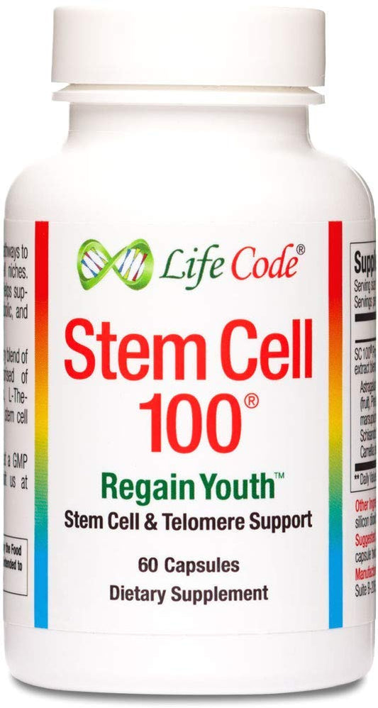 Life Code Stem Cell 100 bottle front showing vegetarian anti-aging formula.
