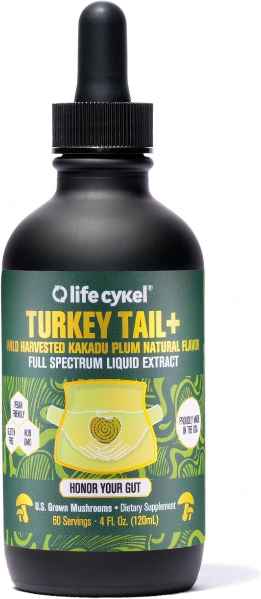 Life Cykel Turkey Tail bottle ready for daily immune support with Kakadu plum.