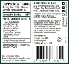 Life Cykel Turkey Tail label highlights ingredients and non-GMO formulation.