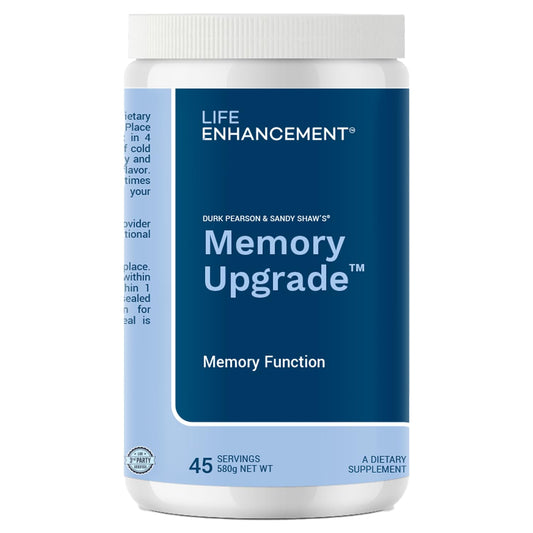 Life Enhancement Memory Upgrade bottle label highlights a vitamin-rich blend for daily focus.