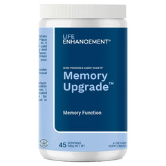 Life Enhancement Memory Upgrade bottle label highlights a vitamin-rich blend for daily focus.