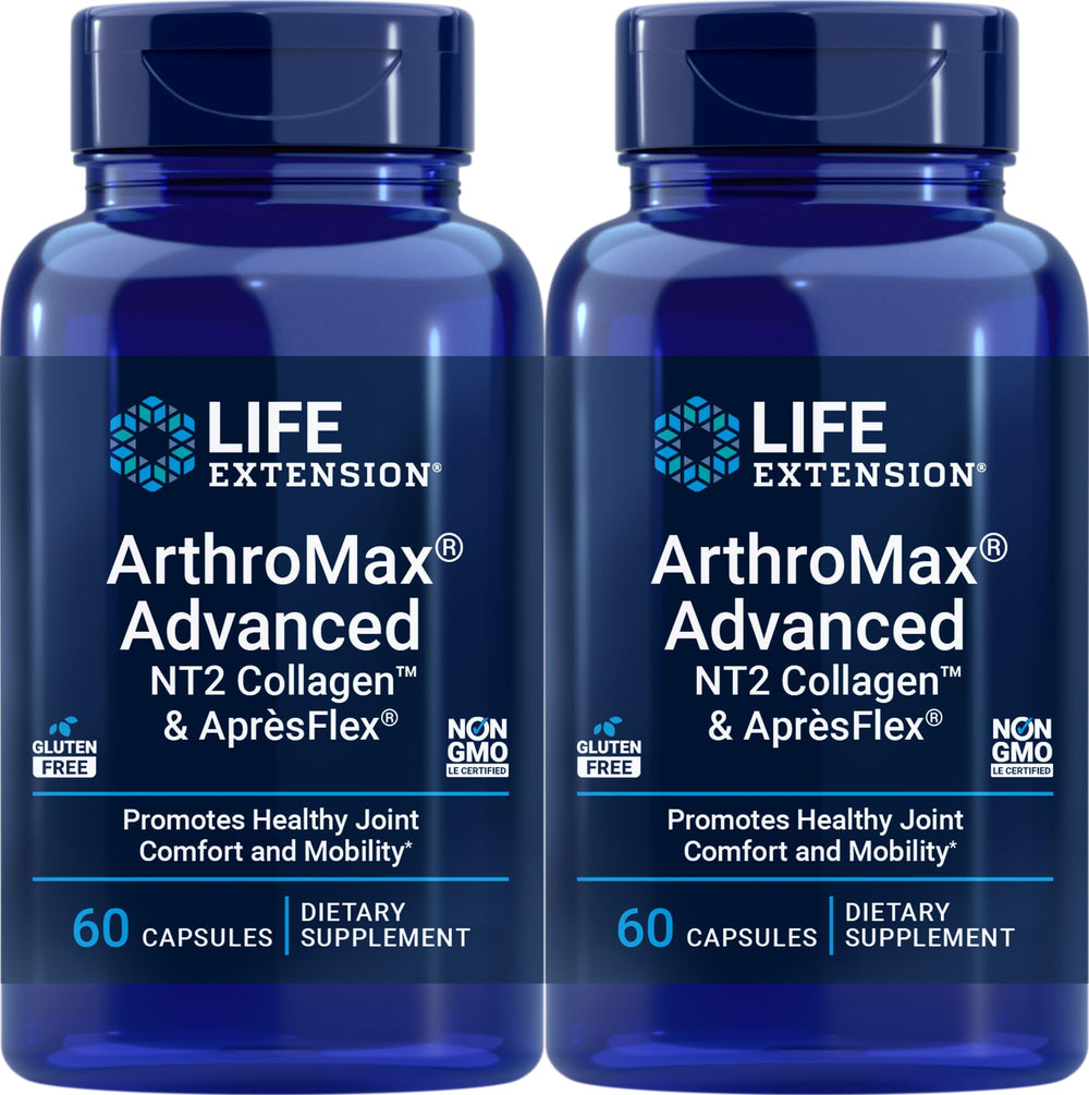 Life Extension ArthroMax Advanced bottle closeup highlighting NT2 Collagen and ApresFlex for joint support.