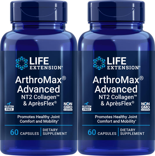 Life Extension ArthroMax Advanced bottle closeup highlighting NT2 Collagen and ApresFlex for joint support.