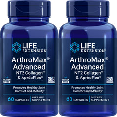 Life Extension ArthroMax Advanced bottle closeup highlighting NT2 Collagen and ApresFlex for joint support.