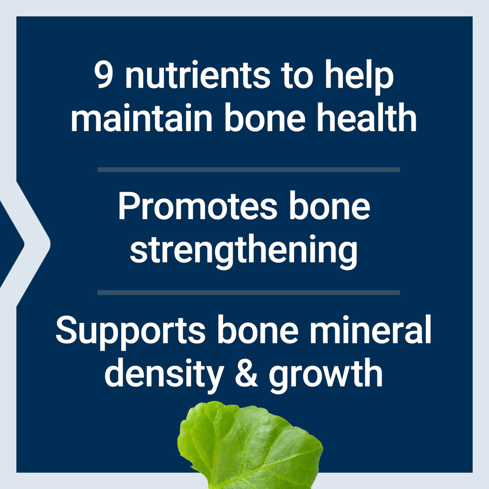Calcium, D3, and K2 components emphasized for supporting bone health