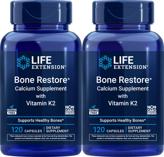 Life Extension Bone Restore bottle pack showing two bottles for calcium and vitamin K2 support