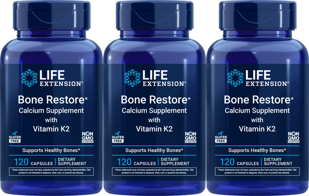 Life Extension Bone Restore bottle pour with calcium and K2 for easy daily supplementation.