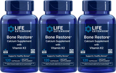 Life Extension Bone Restore bottle pour with calcium and K2 for easy daily supplementation.