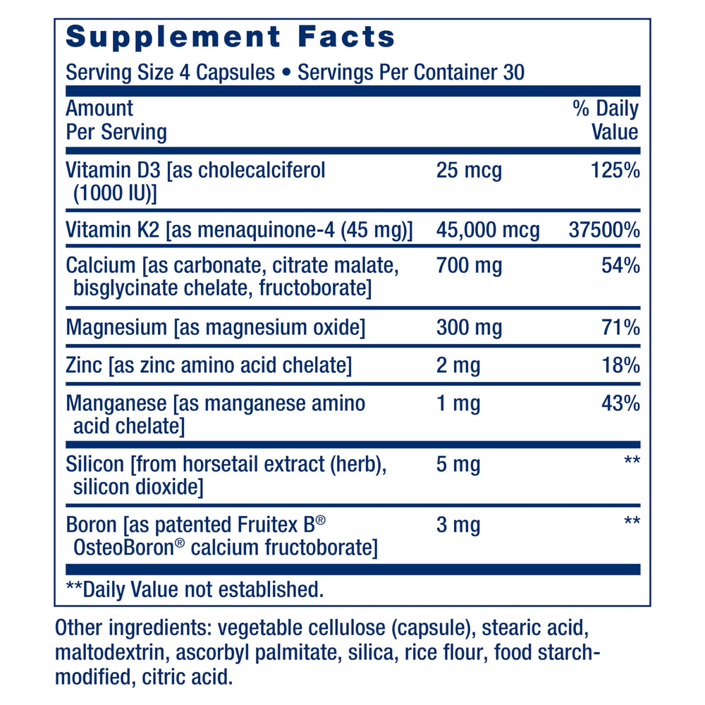 Life Extension Bone Restore Elite label view with K2 and minerals highlighted