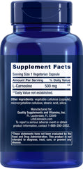 Life Extension Carnosine capsules close-up, showcasing gluten-free and non-GMO formula