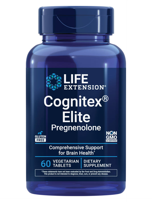 Life Extension Cognitex Elite Pregnenolone bottle label closeup highlighting attention support