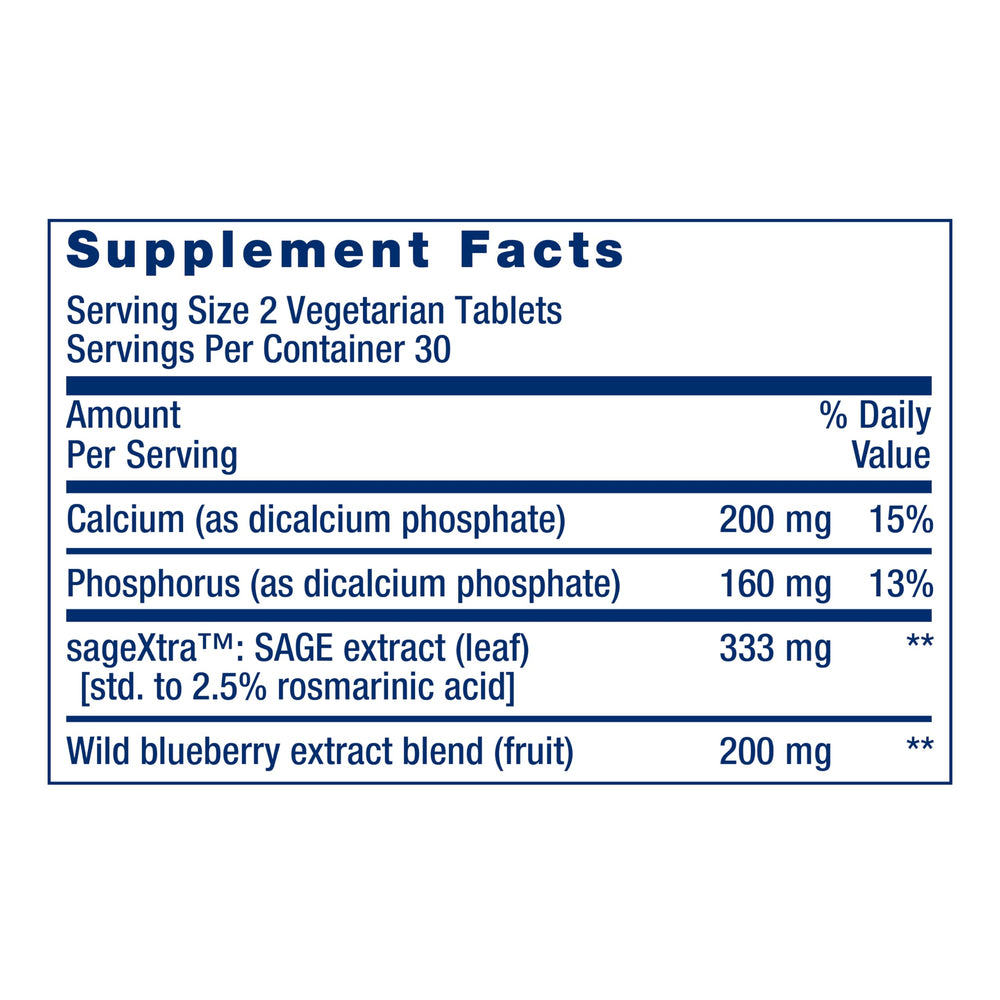 Life Extension Cognitex Elite Pregnenolone ingredient panel showing sage and ashwagandha