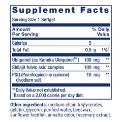 Life Extension Super Ubiquinol CoQ10 with PQQ and shilajit ingredients support cellular energy.