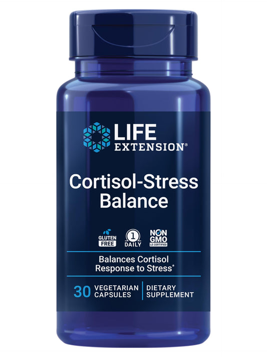 Life Extension Cortisol-Stress Balance bottle emphasizing daily stress support with vegetarian capsules.