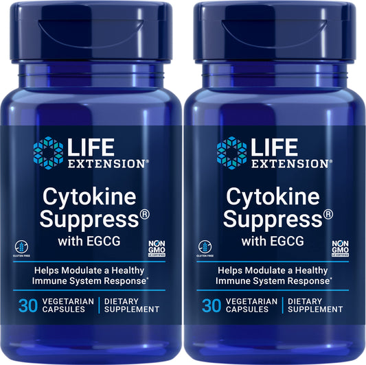 Life Extension Cytokine Suppress with EGCG bottle front view, supports daily wellness with vegetarian capsules.