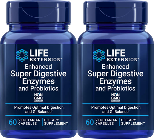 Life Extension Enhanced Super Digestive Enzymes and Probiotics bottle supports daily digestion of proteins and fats