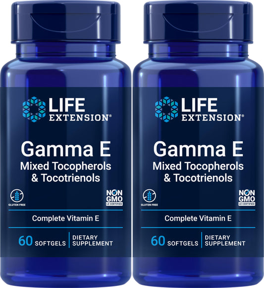 Life Extension Gamma E softgels bottle front, full-spectrum antioxidant support.