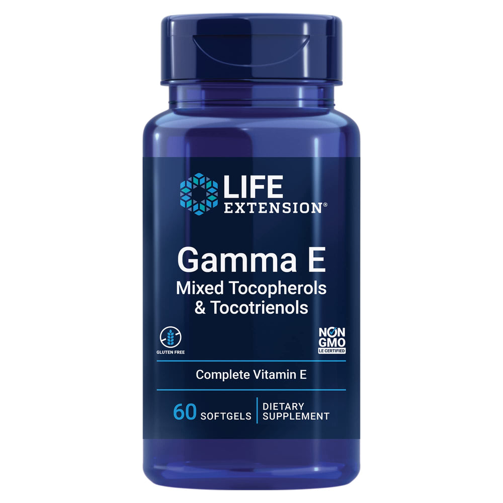 Life Extension Gamma E softgels bottle, full-spectrum vitamin E support for antioxidant protection.