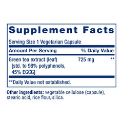 Capsules arranged beside Life Extension Green Tea Extract packaging, highlighting gluten-free and non-GMO