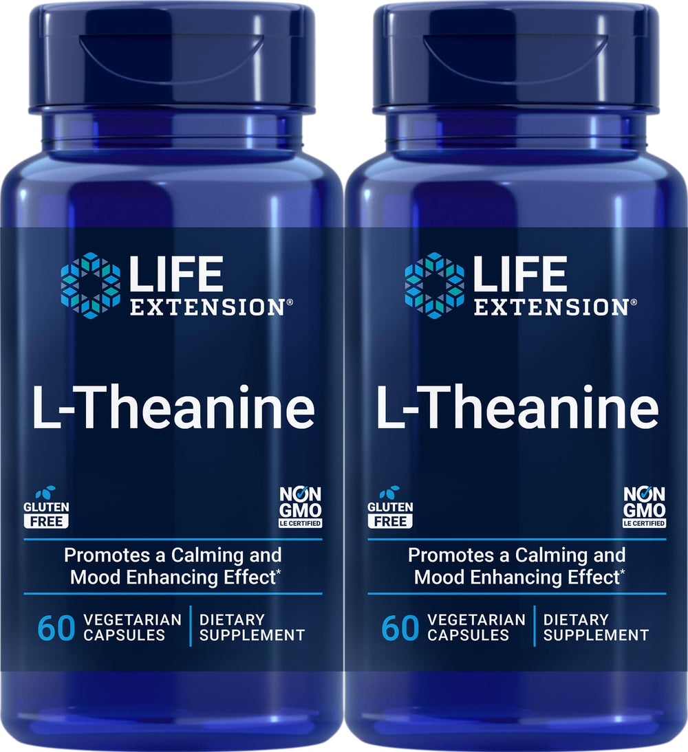 Life Extension L-Theanine bottle front view promoting calm and balanced mood.
