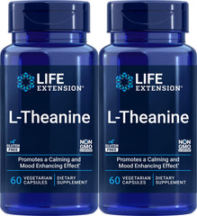 Life Extension L-Theanine bottle front view promoting calm and balanced mood.