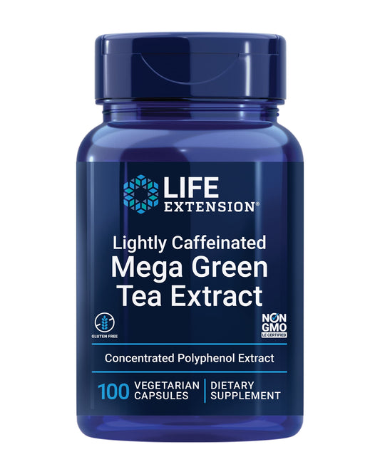 Life Extension Lightly Caffeinated Mega Green Tea Extract bottle with 100 vegetarian capsules for daily wellness