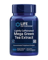 Life Extension Lightly Caffeinated Mega Green Tea Extract bottle with 100 vegetarian capsules for daily wellness