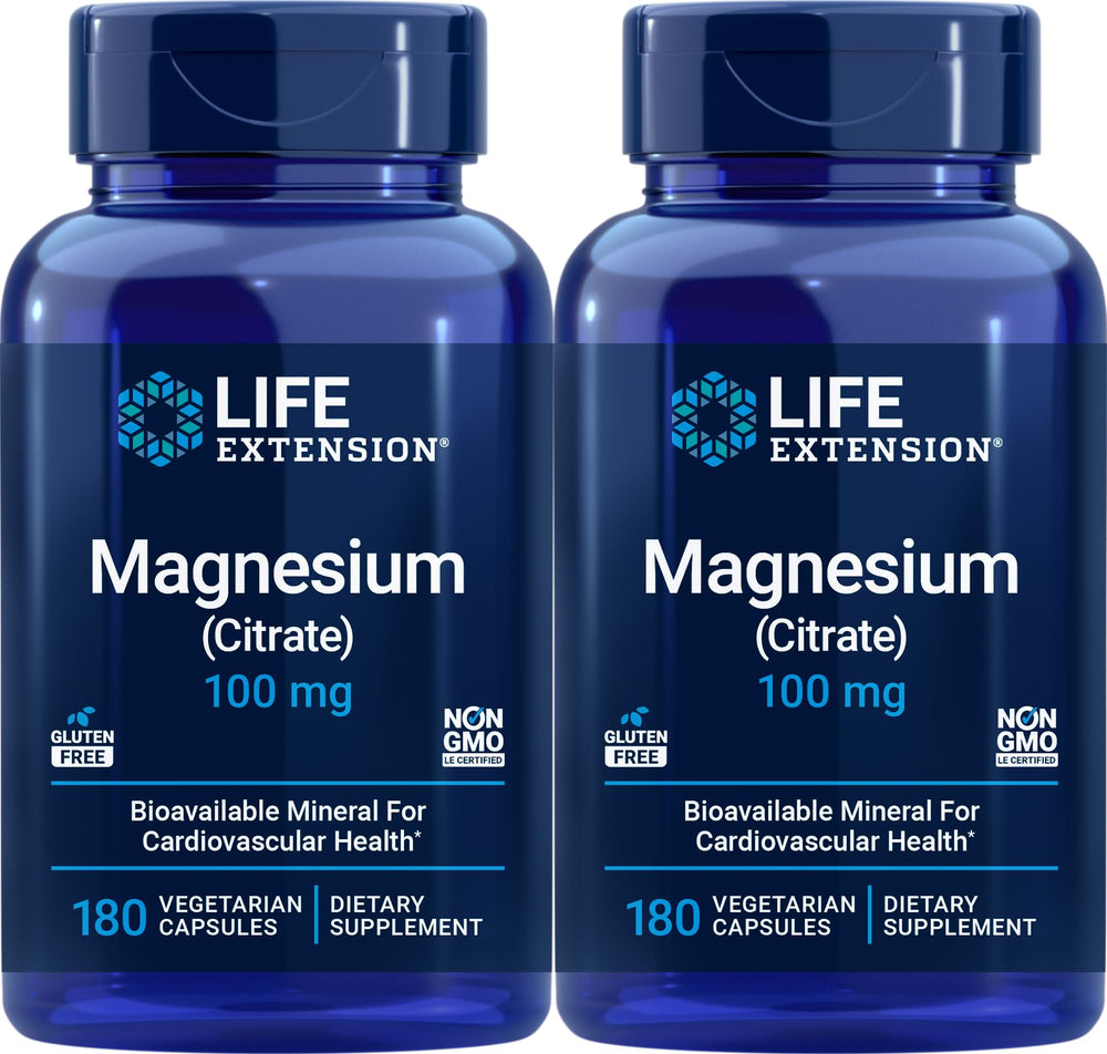 Life Extension Magnesium Citrate 100 mg bottle front promotes daily mineral support.