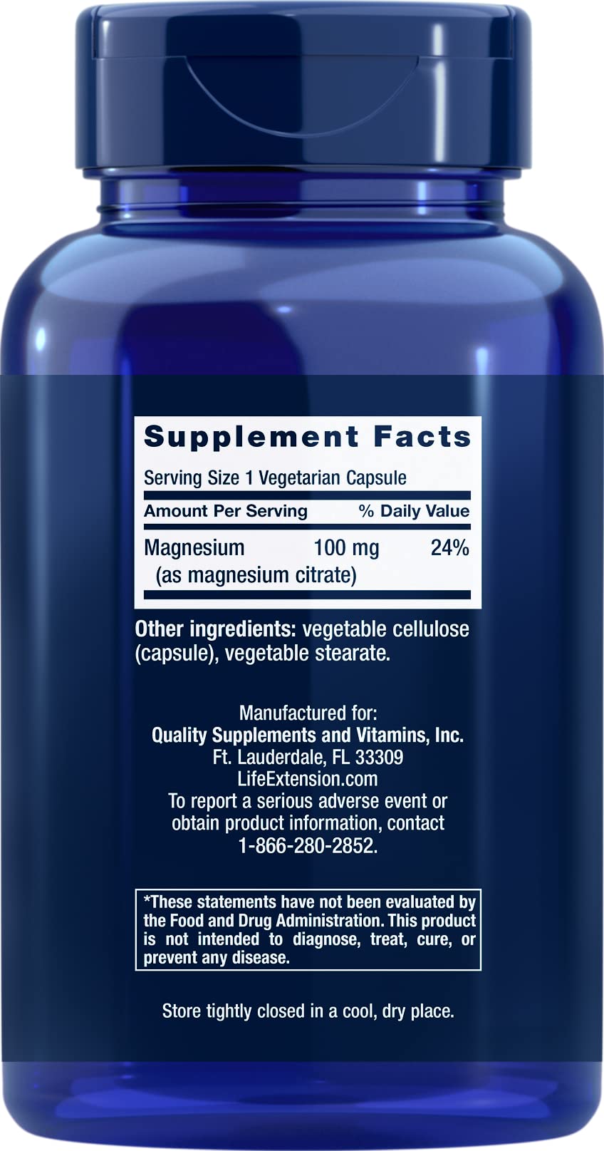 Life Extension Magnesium Citrate 100 mg capsules closeup shows vegetarian capsules.