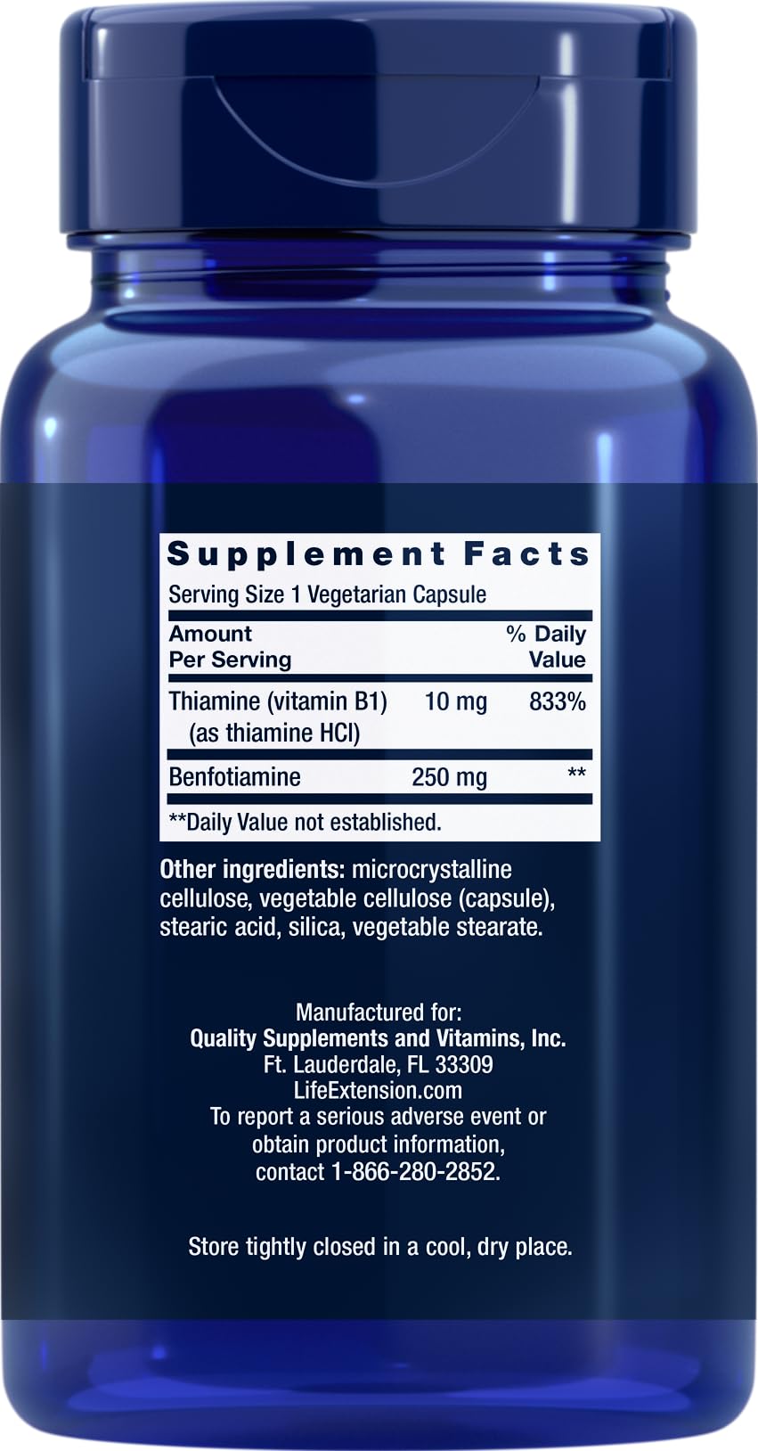 Life Extension Mega Benfotiamine 180 vegetarian caps arranged for daily supplementation.
