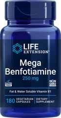 Life Extension Mega Benfotiamine 250mg bottle highlights fat-soluble B1 delivery for better uptake.